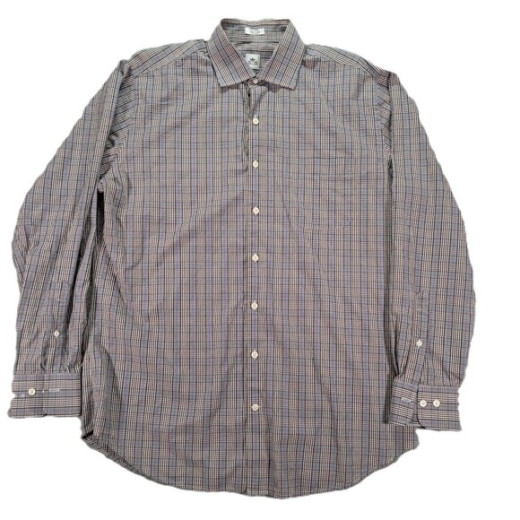 Peter Millar Shirt Men Large Button Up Beige Blue Plaid 100% Cotton Long Sleeve - Picture 1 of 10